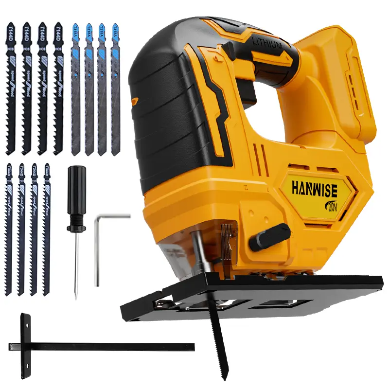 HANWISE Cordless Jig Saw for 20V Battery, Brushless Jigsaw for 3 Orbital Settings, Brushless Motor, LED Light, Variable Speed 2900RPM, 3 Orbital Action, 12 Blades for Cutting, 0-45°Bevel Cuts