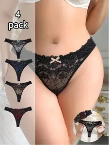 Sexy Colorblock Layered Women's Thong Underwear, Breathable Casual Fit Panties for Dates and Leisure, Elegant Fashion Chic Twin-Color T-Pants, 4 Pairs Set