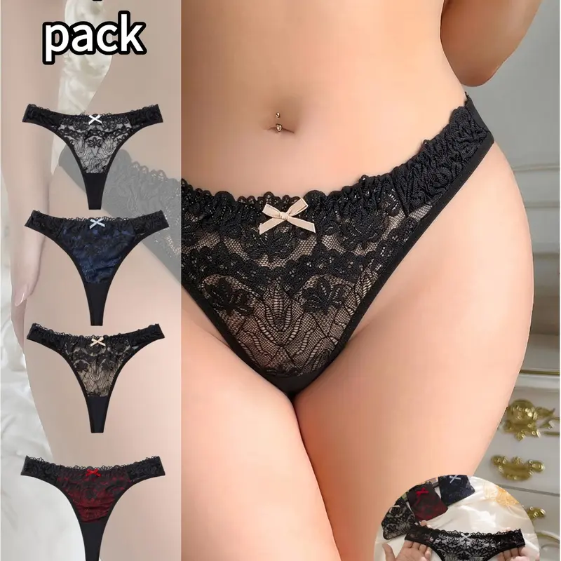 Sexy Colorblock Layered Women's Thong Underwear, Breathable Casual for Dates and Leisure, Fashion Twin-Color Thong Pants, 4-Pair Set Lingerie, Colorblock Panty