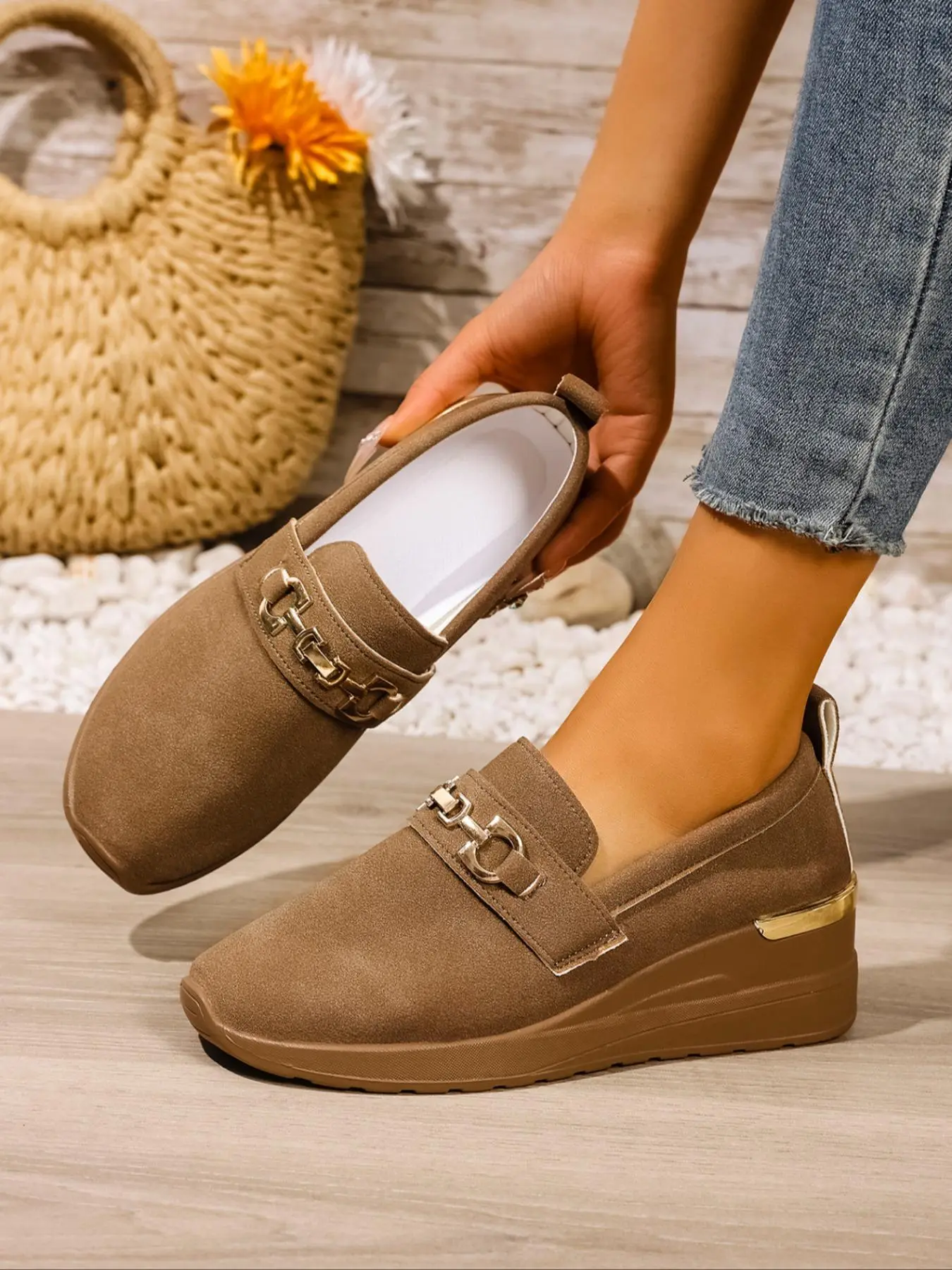 Women's New Style Loafer Shoes, Breathable Fashion Wedge Heel Thick Sole Single Shoe, Casual Argyle Pattern PU Leather, All Seasons Comfort, Pu Leather Loafers