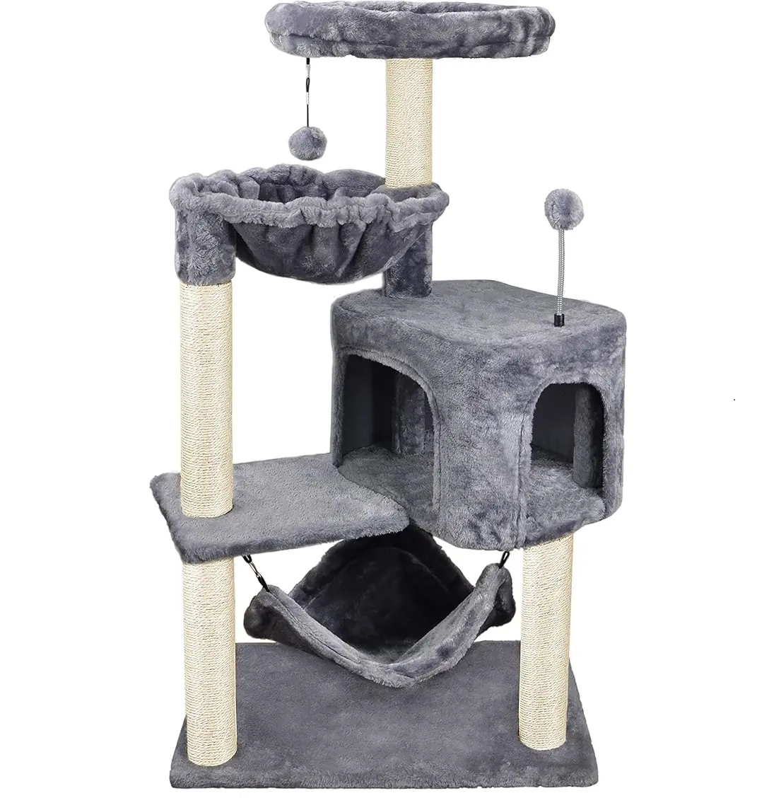 Cat Tree with Cat Condo and Big Hammock, Grey