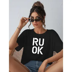 Comfortable Navy Blue Short Sleeve TShirt for Women with Bold White RUOK Print Casual Round Neck Spring Summer Top Versatile Relaxed Fit Tee
