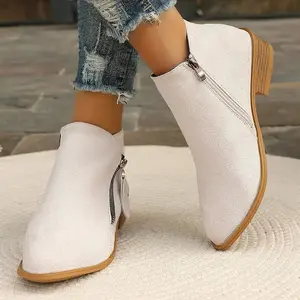 Women's Cover Square Block Heel Ankle Boots - Pointed Toe Low Heel (0.39-0.79inch) with Side Zipper & Buckle Closure, Round-to-Pointed Toe Transition, White/ Cowhide Booties for Jeans, Dresses, Casual & Formal Wear (Wide Size, Boots For Women,