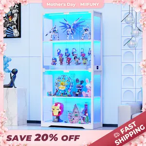 MIIFUNY Display Cabinet with Glass Doors, Storage Cabinet with 3 Color Light, 4-Tier Curio Cabinet Bookcase for Collectibles, Toys, Books, for Playroom, Bedroom, Study Room, White