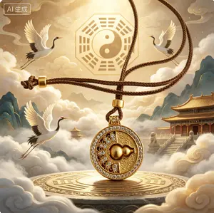 18K Gold Plated Gourd Pendant Necklace, Inlaid Rhinestone Taoist Lucky Bagua Coin Amulet