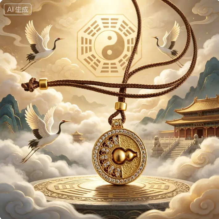 18K Gold Plated Gourd Pendant Necklace, Inlaid Rhinestone Taoist Lucky Bagua Coin Amulet