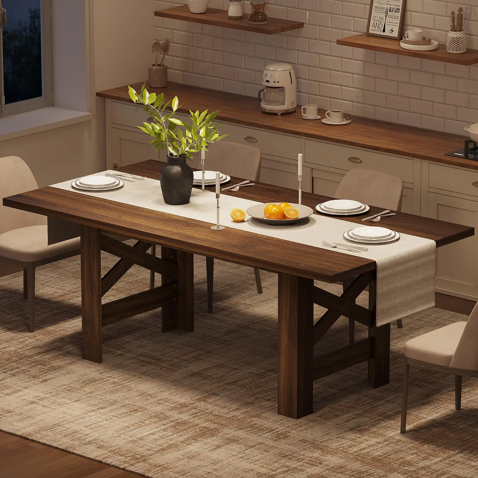 70.87 Inch Farmhouse Wood Dining Table, Seats 6–8 People, Thickened Solid Tabletop & Sturdy Support Legs, Long Rustic Wooden Dinner Table, Perfect for Dining Room and Living Room