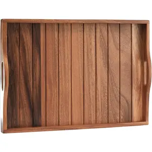 Large Wooden Serving Tray with Handles 20 x 14 inch Decorative Coffee Table Ottoman Tray for Living Room Large for Dinner Food Breakfast in Bed (Color Natural)