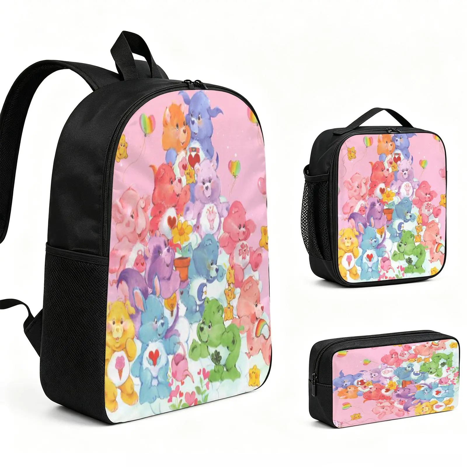 Care Bears Backpack 3pcs Set with Vibrant Print, Durable School Bookbag with Insulated Lunch Tote and Pencil Bag for Teens Boys Girls, Multi-Functional Laptop Travel Daypack Gift for Kids L-15