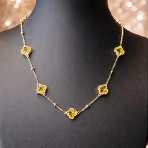 Clover, Good Luck Gold-Filled Station Pendant Gold Chain 18 inch and 7.5 inch bracelet set Various Colors, Pink, Red, Yellow and Clear