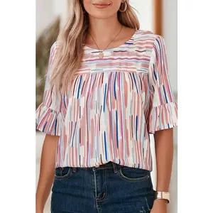 Women's EG Fashion White Watercolor Striped Ruffle Half-Sleeve Blouse - 1-Color Casual Comfortable Fabric Shirts
