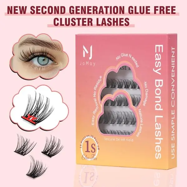 JoMay New Self-Adhesive Lash Extension Kit, DIY V-Grip Tech Lash Clusters, Easy Bond, 24-HR Secure Hold, No Glue Residues, Hypoallergenic Formula, Lightweight Gentle Natural Look Eyelash Falsies, Girl Gifts, Lash Extensions