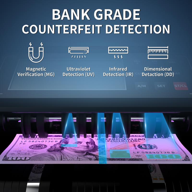 PONNOR Money Counter Machine with UV/MG/IR/MT/DD Detection for Fake Bills, LCD Display, Coin Box, COUNT/ADD/BATCH/AUTO Modes, Silent Operation, 1200 Notes/Minute