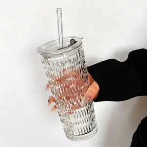 530ml Textured Glass Tumbler with Lid & Straw, Leakproof Iced Coffee Cup, Reusable Travel Glass for Iced Coffee, Smoothie, Soda, Aesthetic TikTok Viral Kitchen Essential for Home & Office, Dishwasher Safe, Perfect Gift for Coffee Lovers Stylish Mug
