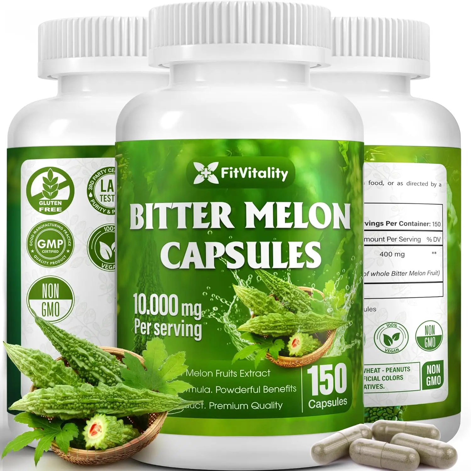 Bitter Melon Capsules| 150 Vegan Capsules| 150 Days Supply| 10,000mg per Serving| Bitter Melon Fruit 25:1 Extract| 100% Pure & Natural| Gluten-Free Supplement| Ultimate Concentrated (150 Capsules)