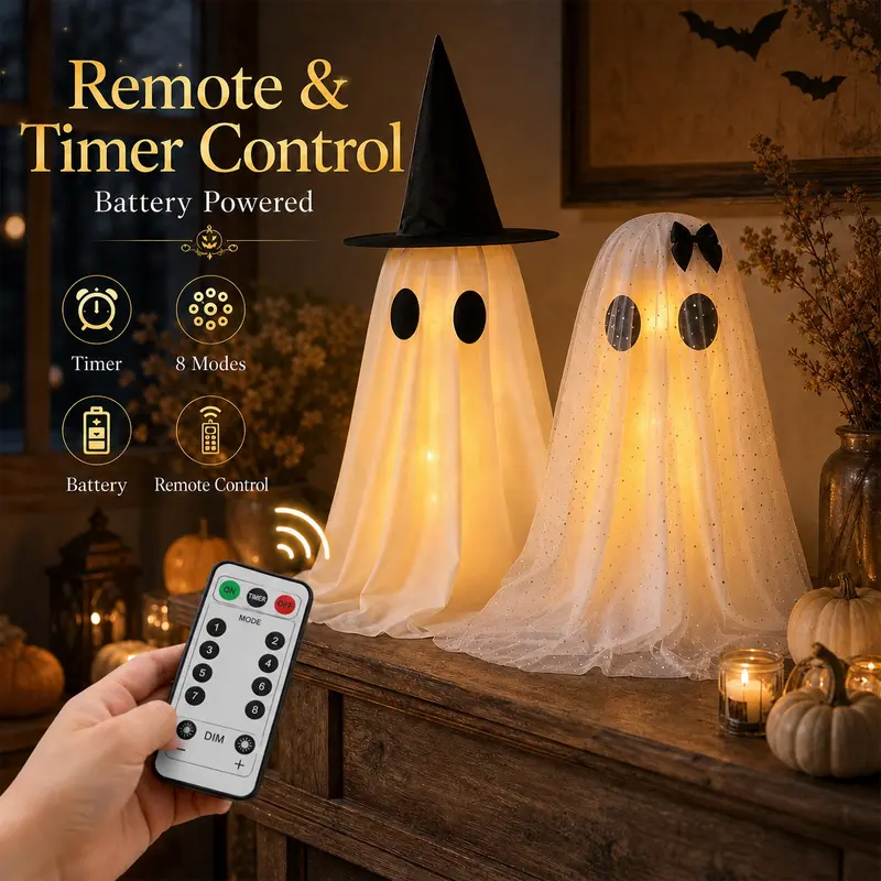 Halloween Lighted Ghost-Witch Decoration Props (2-Pack, 18.7in) - Adjustable Height DIY Ornaments with LED Strings, Playful Design Spooky Festive Decorative Lights, Cute Festive Decor for Indoor Use, Ideal for DIY Enthusiasts