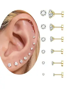 Stainless Steel Zircon Ear Bone Studs, 20g Cartilage Piercing Earrings, Unisex Body Jewelry, Men and Women Universal