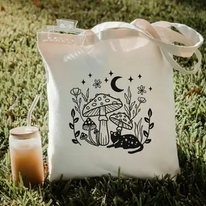 Cat with mushrooms black tote bag, cat tote bag, cat gifts for cat lovers, witchy tote bag, cat canvas bag, fall autumn bag, magical totebag