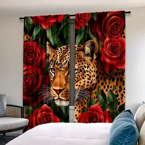 2 pieces of leopard print and rose pattern curtains - high-definition digital printing, polyester material with semi-transparency, machine washable, suitable for bedrooms, living rooms, and home curtain decoration