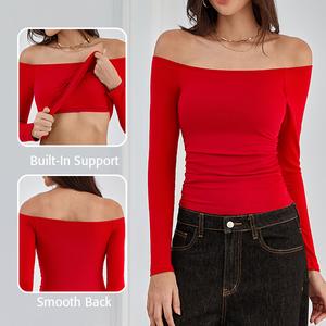 ATTRACO Built-in Bra Long Sleeve Ribbed One Shoulder Top Elegant Bodycon Fabric Shirt Fashion Y2K Style Slim Skirt Basic Women's Simple Christmas summerwins