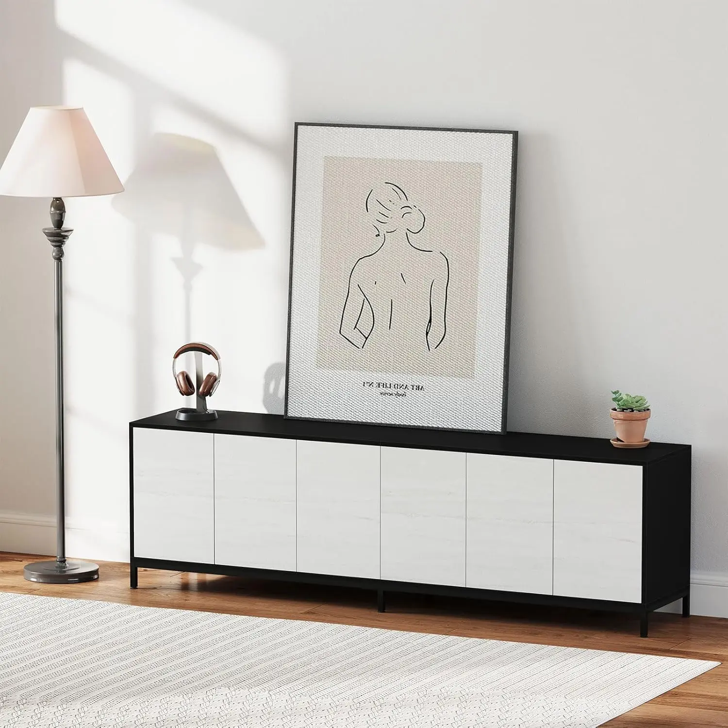 EBELLO TV stand for 80" and 85" TVs, modern entertainment center with 6 doors, long console table for living room, bedroom