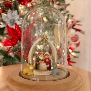 Pesebre ceramic Nativity Scene in Glass Dome with Wooden Base