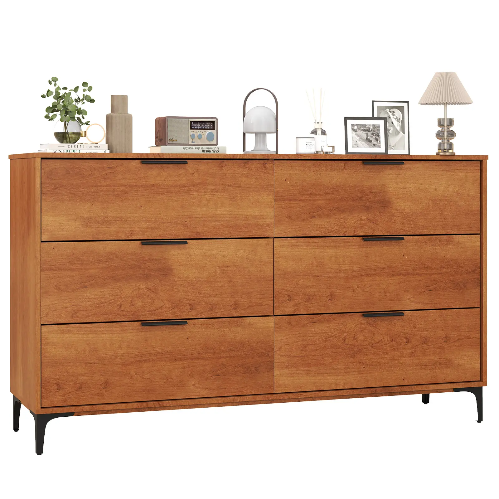 COSTWAY - 6-Drawer Dresser with Interlock System for Bedroom Living Room-Cherry