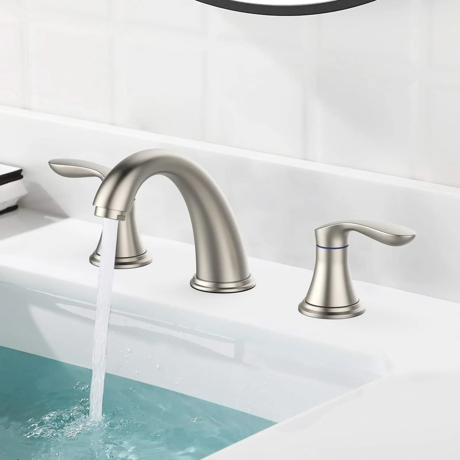 Brushed Nickel 3-Hole Modern Widespread Bathroom Faucet, Lead-Free Double Handle Tap with Pop-Up Drain, Quick-Connect Supply Hoses, Accurate-Precision Control, Easy Install for Vanity, RV Renovation, Bathroom Remodel, Accurate Control