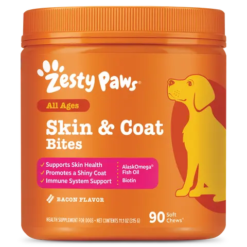Zesty Paws Skin & Coat Bites for Dogs Soft Chew Treats with Omega 3 Fish Oil EPA & DHA for Skin Coat Health Vitamin Supplement