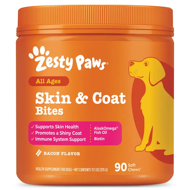Zesty Paws Skin & Coat Bites for Dogs Soft Chew Treats with Omega 3 Fish Oil EPA & DHA for Skin Coat Health Vitamin Supplement