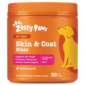 Zesty Paws Skin & Coat Bites for Dogs Soft Chew Treats with Omega 3 Fish Oil EPA & DHA for Skin Coat Health Vitamin Supplement