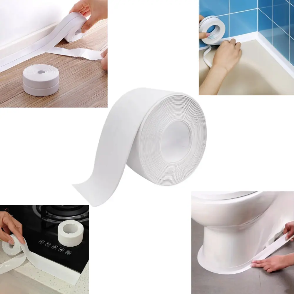 White PVC+Acrylic Self-Adhesive Caulk Tape Roll (3.2m) - Durable Waterproof Sealant, Long-Lasting Bond, Anti-Leak Seal, Adhesive Installation for Bathroom, Kitchen Sink, Easy Application