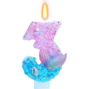 1pcs Mermaid-themed birthday candles - pink and blue Glitter Accents, decorated with pearls, seashells and a fish tail - ocean-themed 3-inch cake decorator, perfect for underwater-themed party cake decorations.