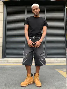 Vintage Snake Embroidered Denim Shorts, Street Style Skateboard Wide Leg Pants, Loose Fit All Seasons Fashion