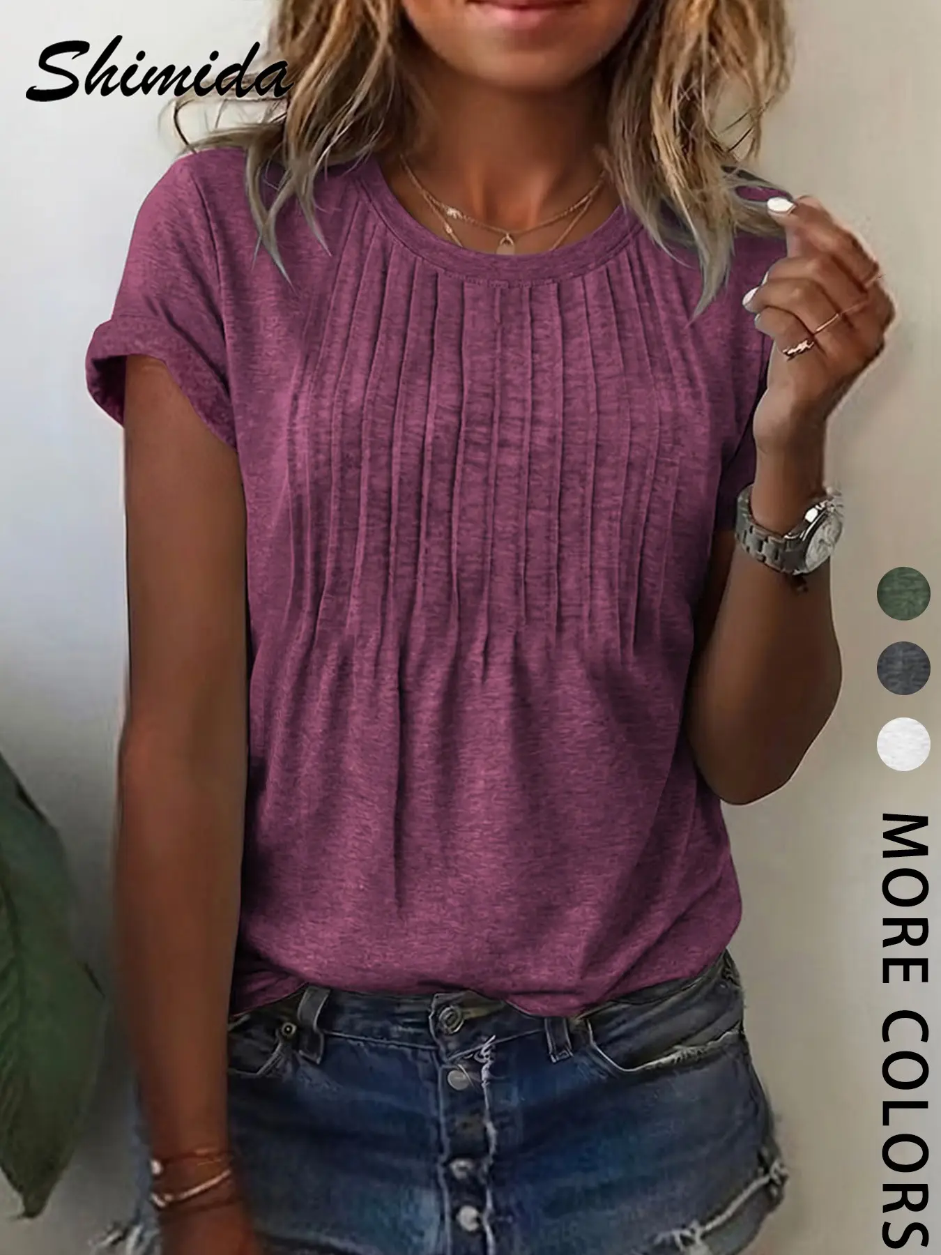 Women's Summer Casual Loose-Fitting Ruched Design Round Neck Short Sleeve Basic T-Shirt Top, Fashionable Comfortable All Seasons Wear Womenswear
