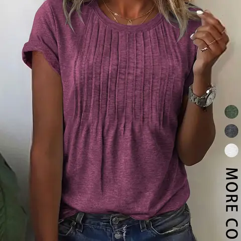 Women's Summer Casual Loose-Fitting Ruched Design Round Neck Short Sleeve Basic T-Shirt Top, Casual T Shirts, Fashionable Comfortable All Seasons Wear Womenswear