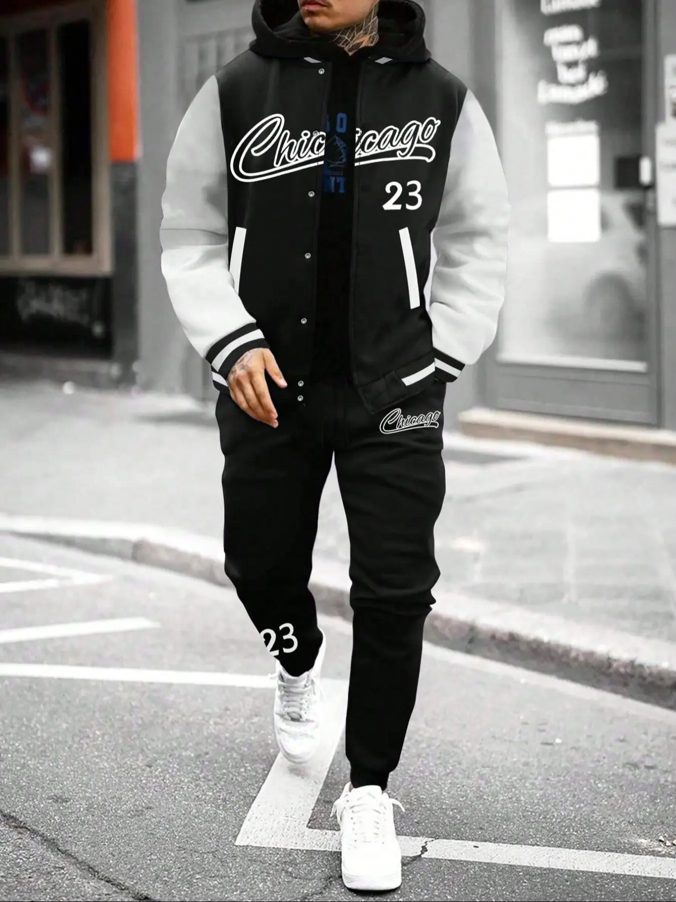 Men's Preppy Classic Style Long Sleeve Baseball Jacket & Fleece Jogger Pants Set, Thick Knit Fabric, Fall Winter Fashion, Comfortable Fit