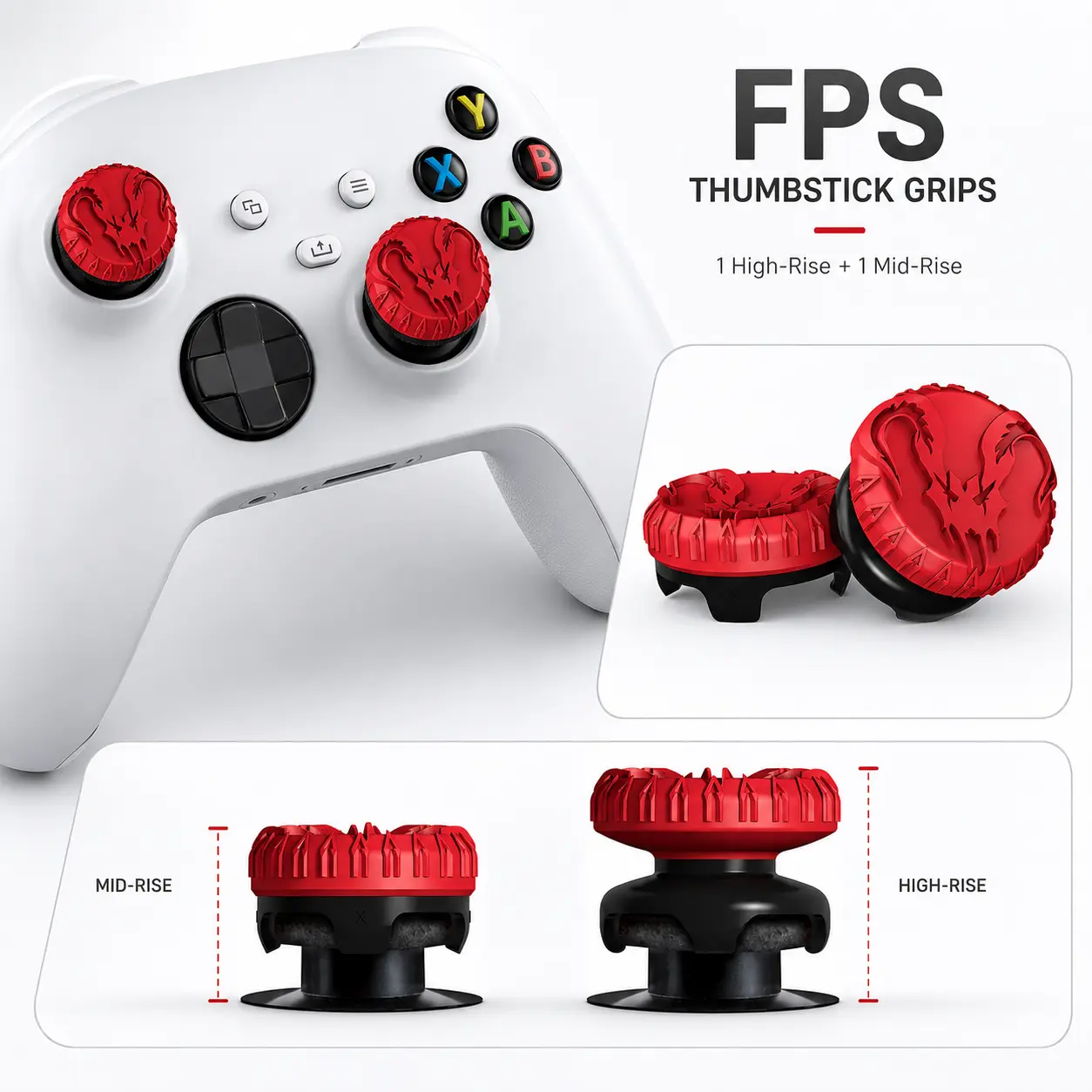 Red Devil Dragon Horn FPS Performance Thumbstick Grips for Xbox & PS5 & PS4 Controllers | 1 High-Rise + 1 Mid-Rise Precision Joystick Caps | Anti-Slip Silicone Analog Stick Covers | Enhanced Aim, Accuracy & Control Gaming Accessories