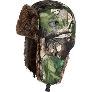 Winter Trapper Hat with Ear Flaps Fallen Leaf Camo Hunting Cap Faux Fur Ushanka Russian Warm Hat Unisex Hunter's Hats