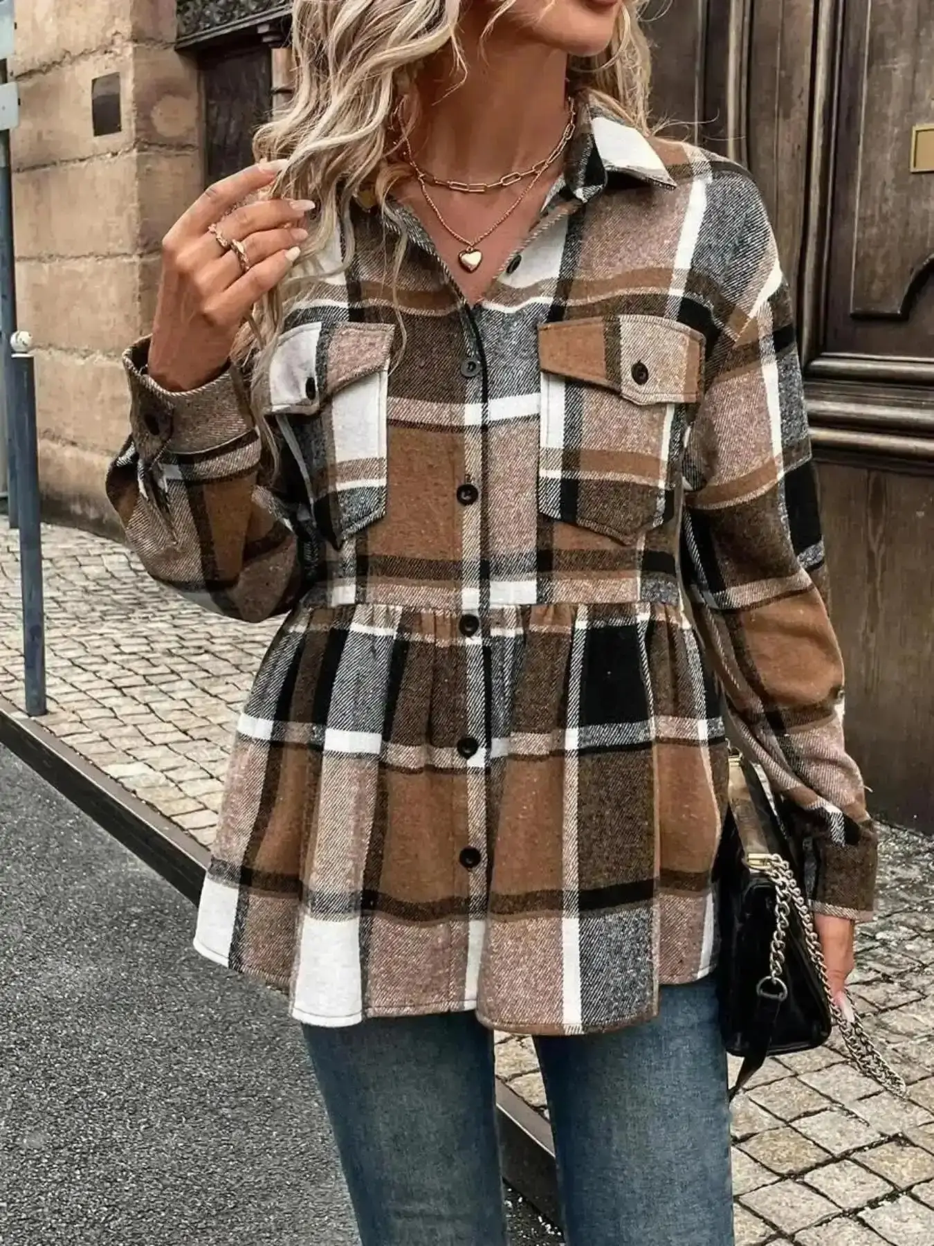 Chic Satin Cami Top, [Plus Size]Flap Pocket Ruffle Hem Button Front Shirt Blouses, Womenswear Casual Long Sleeve Collared Fit Peplum Top for Fall & Winter, Women's Clothes Daily Wear, , Soft Touch, Cozy Style, Going Out