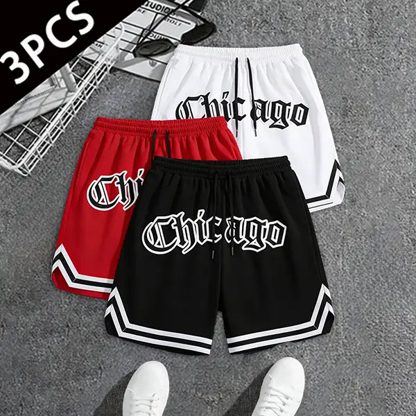 Men's 3PCS Fitted Polyester Boyfriend-Style Athletic Shorts - All Over Print, Printed Logo, Drawstring Waistband, Elastic Lightweight, Multi-Size Activewear for Basketball, Gym