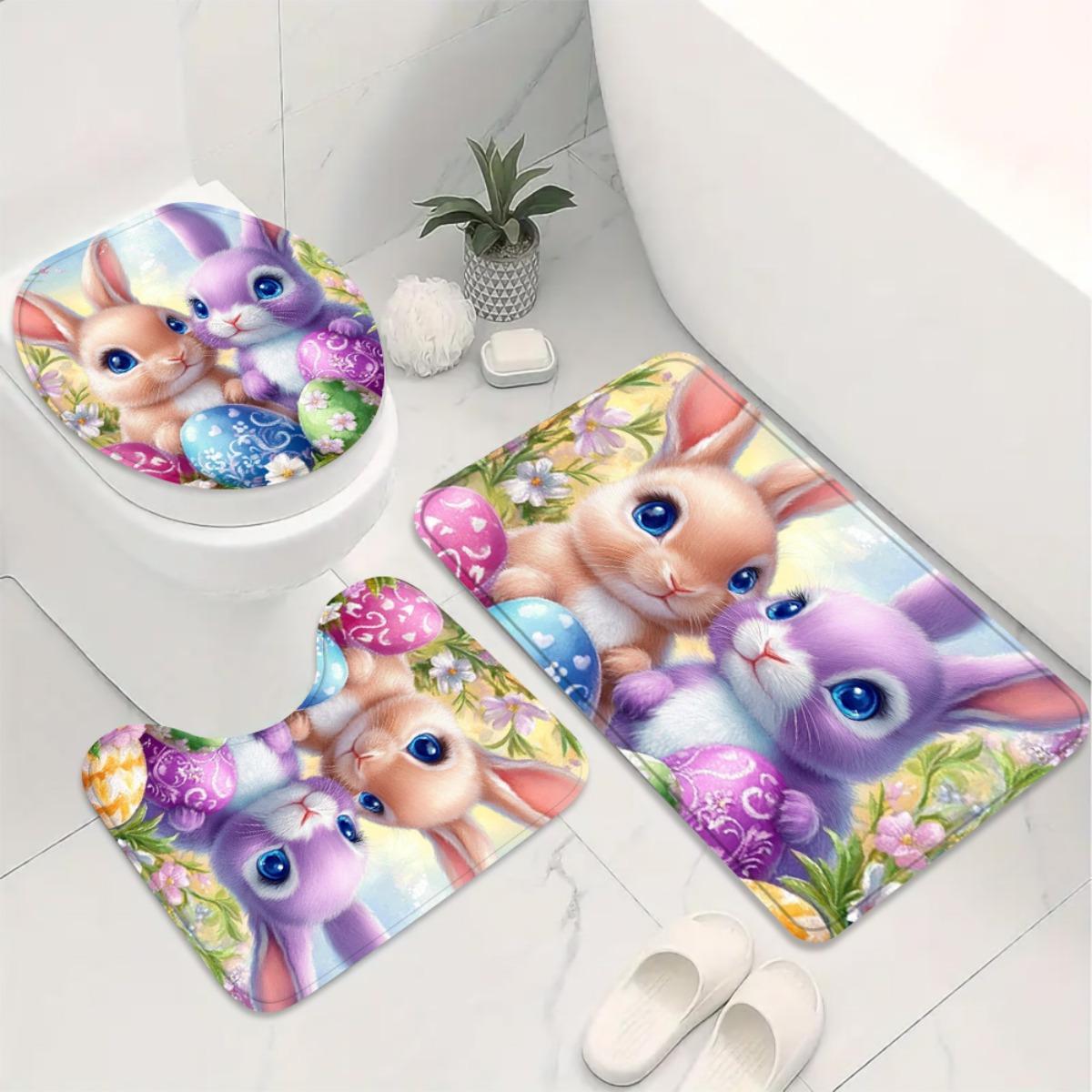 4pcs Set. Easter Bunny Themed Bathroom Set with Colorful Egg Design, 2D Flat Printing Shower Curtain and Non-Slip Bath Mats Toilet Lid Cover, Perfect for Spring Decor in Home Bathrooms Exquisite and Practical Home Decoration Gift., 2D Flat,family,u-shaped