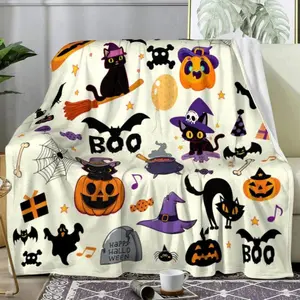 Soft Comfortable Funny Throw Blanket Halloween Blanket Hocus Pocus Blankets Witch's Hat And Pumpkins Cat For Couch Sofa Bed Chair Decor Halloween Decorations Blanket
