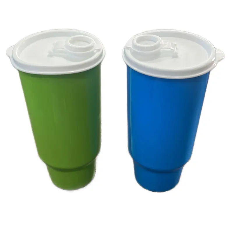 Stylish 950ML Reusable Plastic Water Bottles - Set of 2 Portable Tumblers with Practical Design, Green & Blue Cups, White Lids, Washable Daily-Use Kitchenware Drinkware