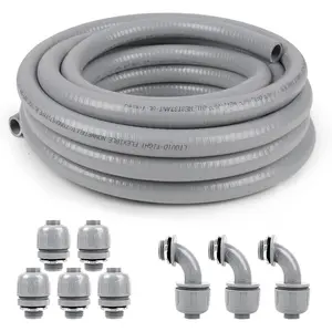 1/2inch Liquid-Tight Conduit and Connector Kit,Flexible Non-Metallic Liquid Tight Conduit Kit with 5 Straight and 3 90-Degree Connector Fittings,1/2 in. He