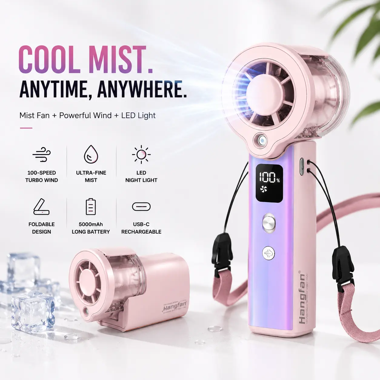 Hangfan 4-in-1 Portable Mist Fan, Cooling Fan + LED Night Light + Power Bank, 100-Speed Rechargeable Fan for Travel Camping Beach