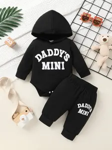 2-piece Set Of Soft, Comfortable And Cute Letter Printed Hooded Top And Clear Color Letter Printed Pants For Boys, Infants And Young Children, Suitable For Casual Daily Vacation Parties
