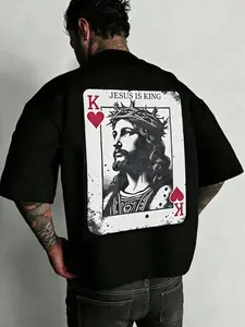 Men's Drop Shoulder Loose Fit Fashion Print T-Shirt, Poker Card Pattern, Thin Top, All Seasons, Casual Daily Wear, Holiday Gift, Youth Street Style