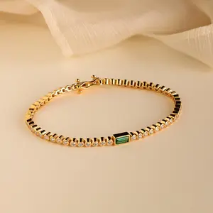 Emerald Baguette Tennis Bracelet by Caitlyn Minimalist - Vintage Emerald & Diamond Eternity Bracelet in Gold - Statement Bezel Gemstone Bracelet - Anniversary Gift for Her.