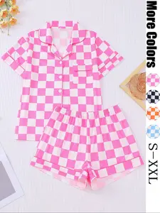 Women's Plaid Print Short Sleeve Pajama Two-piece Set, Casual Comfy Button Up Shirt & Elastic Waist Shorts PJ Set, Ladies Summer Sleepwear, Pajamas Lounge Set
